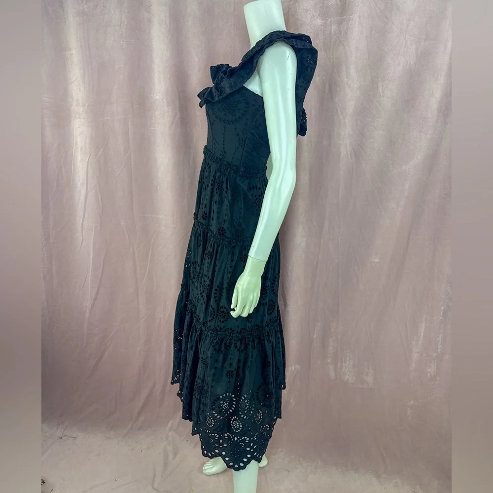 Zara Womens 100% Cotton Black Floral Eyelet Maxi Dress Size XS Off The Shoulder - Picture 3 of 8